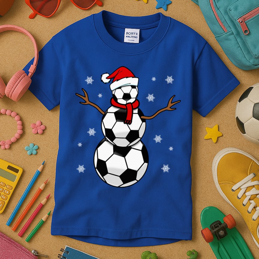 Christmas Soccer Ball Winter Snowman Kids T-Shirt