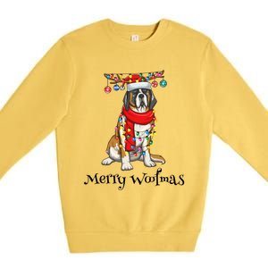 Christmas Saint Bernard Dog Holiday Lights Merry Woofmas Gift Premium Crewneck Sweatshirt