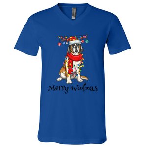 Christmas Saint Bernard Dog Holiday Lights Merry Woofmas Gift V-Neck T-Shirt