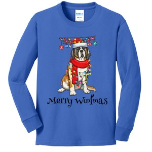 Christmas Saint Bernard Dog Holiday Lights Merry Woofmas Gift Kids Long Sleeve Shirt