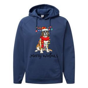 Christmas Saint Bernard Dog Holiday Lights Merry Woofmas Gift Performance Fleece Hoodie