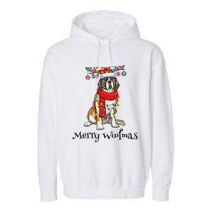 Christmas Saint Bernard Dog Holiday Lights Merry Woofmas Gift Garment-Dyed Fleece Hoodie