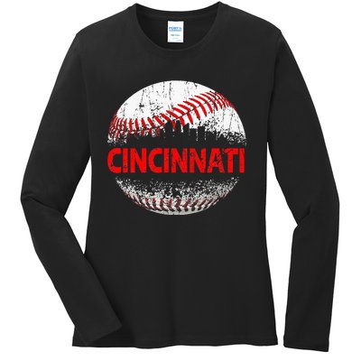 Cincinnati Souvenir Baseball City Downtown I Love Cincinnati Ladies Long Sleeve Shirt