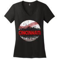 Cincinnati Souvenir Baseball City Downtown I Love Cincinnati Women's V-Neck T-Shirt