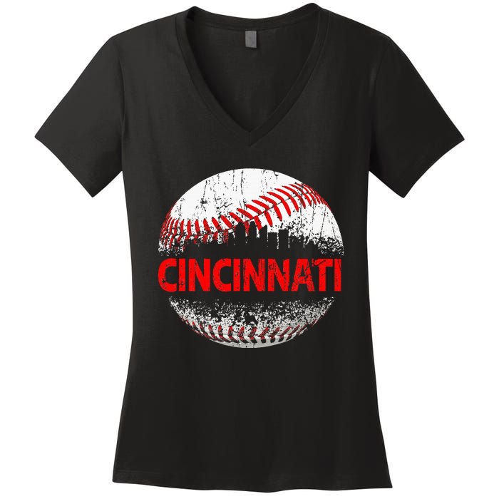 Cincinnati Souvenir Baseball City Downtown I Love Cincinnati Women's V-Neck T-Shirt