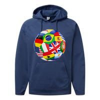 Cool Soccer Ball With World Flags Performance Fleece Hoodie