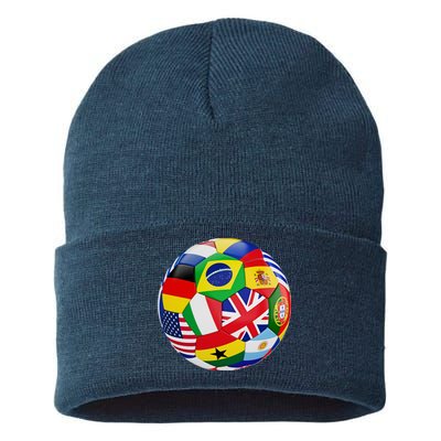 Cool Soccer Ball With World Flags Sustainable Knit Beanie
