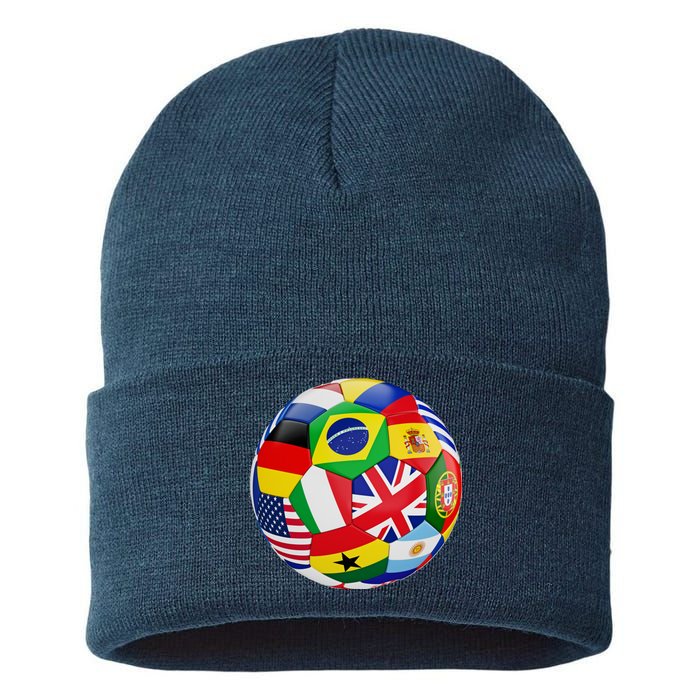 Cool Soccer Ball With World Flags Sustainable Knit Beanie