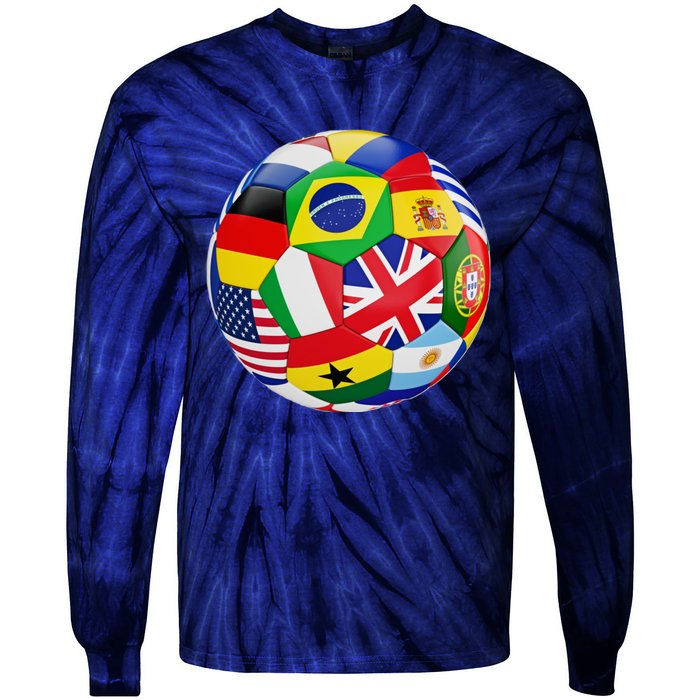 Cool Soccer Ball With World Flags Tie-Dye Long Sleeve Shirt