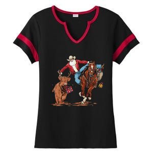 Cowboy Santa Bulldogging Christmas Xmas Ladies Halftime Notch Neck Tee