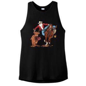 Cowboy Santa Bulldogging Christmas Xmas Ladies PosiCharge Tri-Blend Wicking Tank