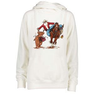 Cowboy Santa Bulldogging Christmas Xmas Womens Funnel Neck Pullover Hood