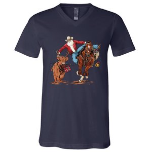 Cowboy Santa Bulldogging Christmas Xmas V-Neck T-Shirt