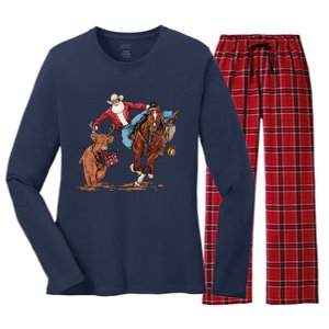 Cowboy Santa Bulldogging Christmas Xmas Women's Long Sleeve Flannel Pajama Set 