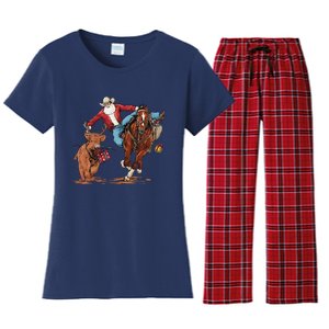 Cowboy Santa Bulldogging Christmas Xmas Women's Flannel Pajama Set