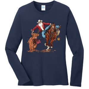 Cowboy Santa Bulldogging Christmas Xmas Ladies Long Sleeve Shirt