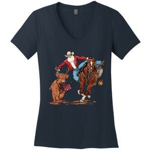 Cowboy Santa Bulldogging Christmas Xmas Women's V-Neck T-Shirt