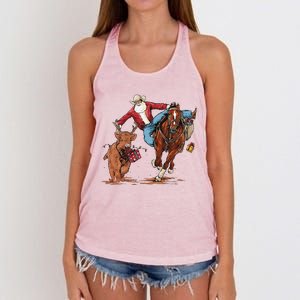 Cowboy Santa Bulldogging Christmas Xmas Women's Knotted Racerback Tank