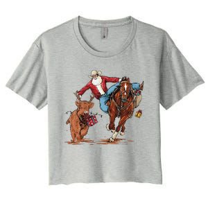 Cowboy Santa Bulldogging Christmas Xmas Women's Crop Top Tee