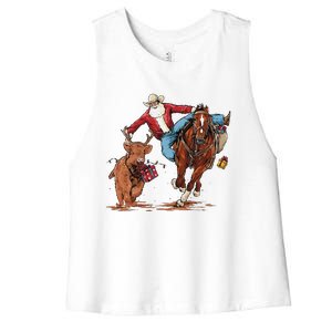 Cowboy Santa Bulldogging Christmas Xmas Women's Racerback Cropped Tank