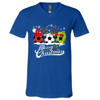 Christmas Soccer Ball Santa Hat Elf Reindeer Funny Xmas Gift V-Neck T-Shirt