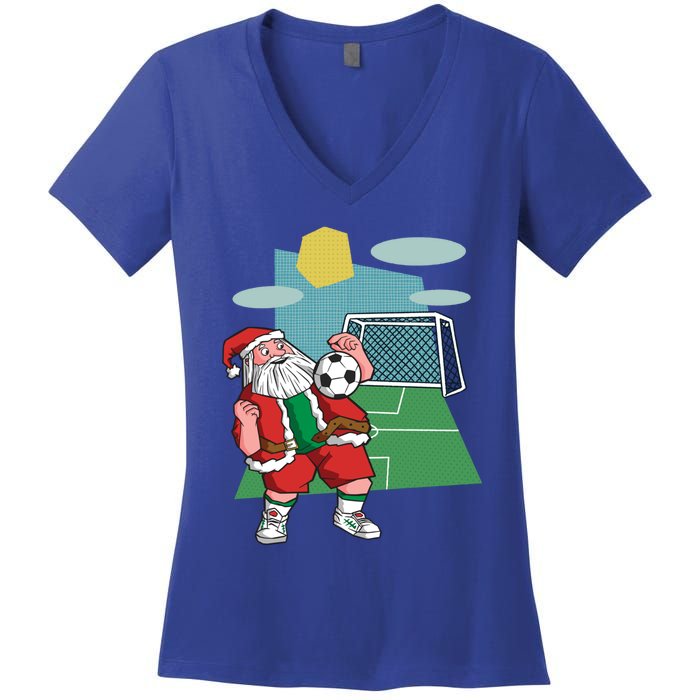 Christmas Soccer Ball Santa Hat Funny Sport Xmas Boys Gift Women's V-Neck T-Shirt