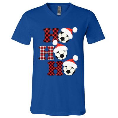 Christmas Soccer Ball Santa Head Red Plaid Xmas Soccer Gift V-Neck T-Shirt