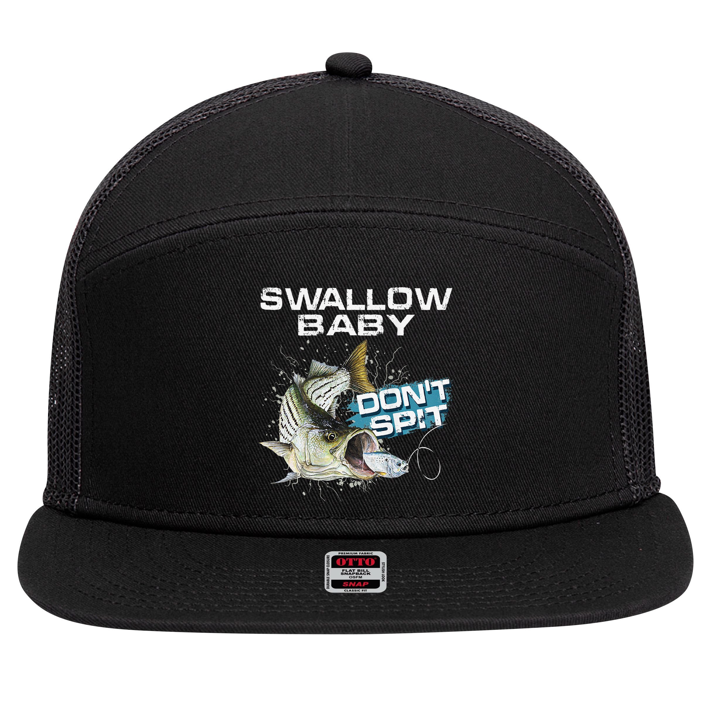 Cute Swallow Baby Dont Spit Striper Bass Fishing 7 Panel Mesh Trucker Snapback Hat