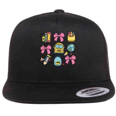 Coquette School Bows Young Learners 100 Days Of School Flat Bill Trucker Hat