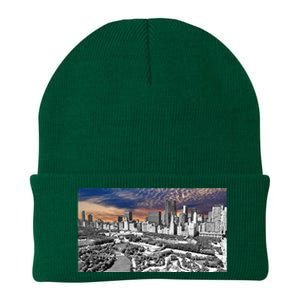 Chicago Skyline B&W With Vibrant And Colorful Sky Knit Cap Winter Beanie