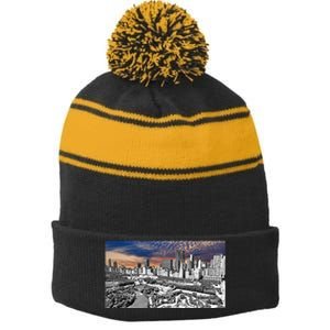 Chicago Skyline B&W With Vibrant And Colorful Sky Stripe Pom Pom Beanie