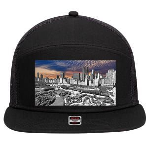 Chicago Skyline B&W With Vibrant And Colorful Sky 7 Panel Mesh Trucker Snapback Hat