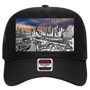 Chicago Skyline B&W With Vibrant And Colorful Sky High Crown Mesh Back Trucker Hat