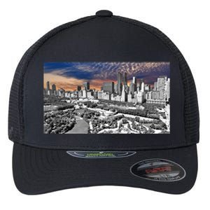 Chicago Skyline B&W With Vibrant And Colorful Sky Flexfit Unipanel Trucker Cap