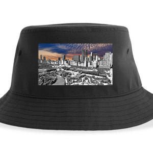 Chicago Skyline B&W With Vibrant And Colorful Sky Sustainable Bucket Hat