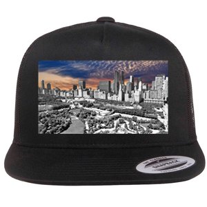 Chicago Skyline B&W With Vibrant And Colorful Sky Flat Bill Trucker Hat