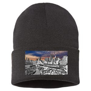 Chicago Skyline B&W With Vibrant And Colorful Sky Sustainable Knit Beanie