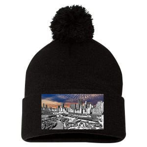 Chicago Skyline B&W With Vibrant And Colorful Sky Pom Pom 12in Knit Beanie