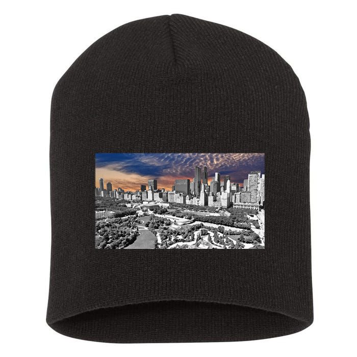 Chicago Skyline B&W With Vibrant And Colorful Sky Short Acrylic Beanie