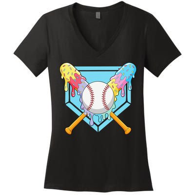 Cool Sport Baseball Home Plate Drip With Sprinkles Drip Women's V-Neck T-Shirt