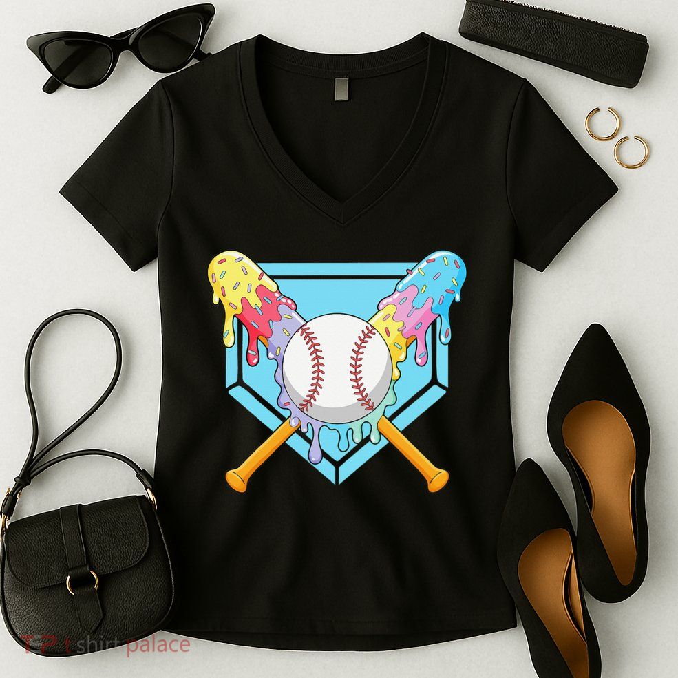 Cool Sport Baseball Home Plate Drip With Sprinkles Drip Women's V-Neck T-Shirt