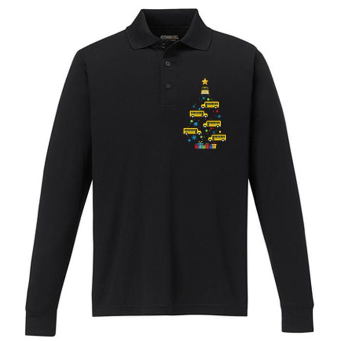 Christmas School Bus Tree Funny Xmas Bus Driver Performance Long Sleeve Polo