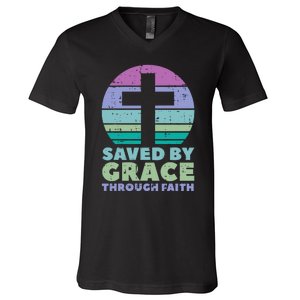 Cross Saved By Grace God Jesus Christian V-Neck T-Shirt