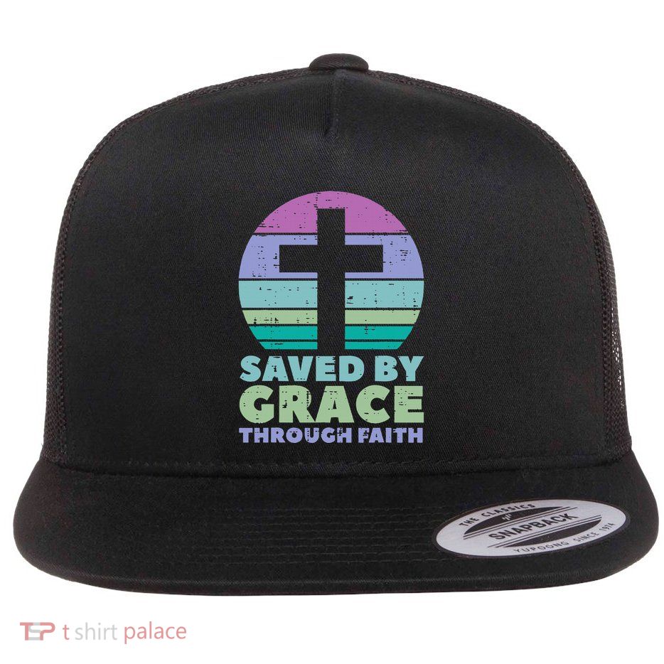Cross Saved By Grace God Jesus Christian Flat Bill Trucker Hat