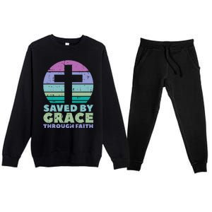 Cross Saved By Grace God Jesus Christian Premium Crewneck Sweatsuit Set