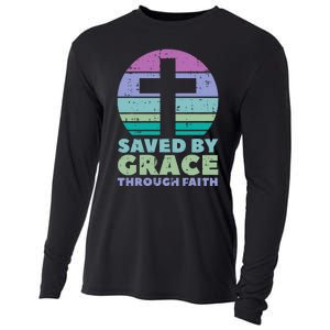 Cross Saved By Grace God Jesus Christian Cooling Performance Long Sleeve Crew