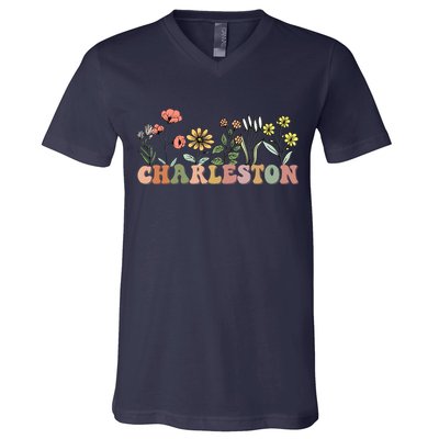 Charleston SC Bachelorette Vintage 70s Retro Wildflowers V-Neck T-Shirt