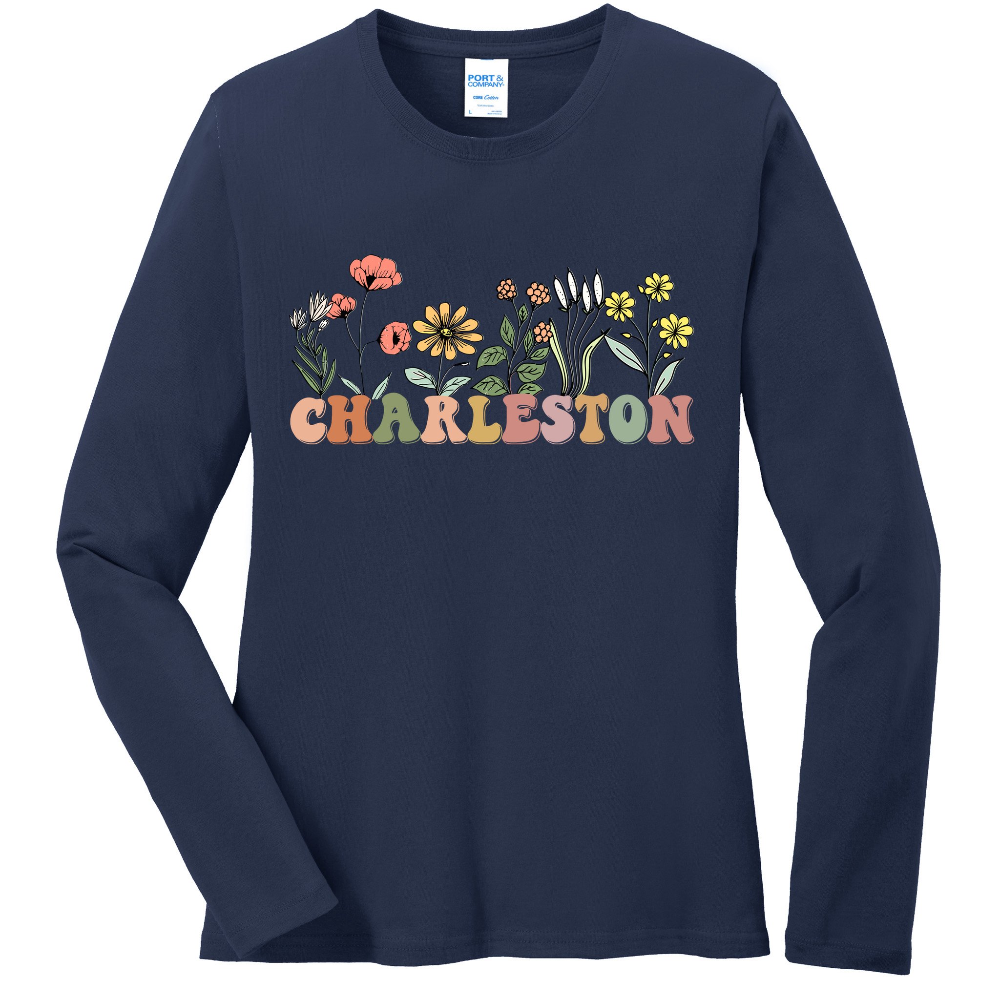 Charleston SC Bachelorette Vintage 70s Retro Wildflowers Ladies Long Sleeve Shirt