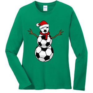 Christmas Soccer Balls Santa Snowman Ladies Long Sleeve Shirt