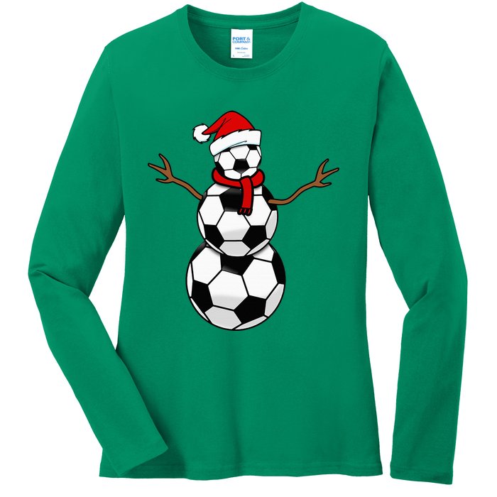 Christmas Soccer Balls Santa Snowman Ladies Long Sleeve Shirt